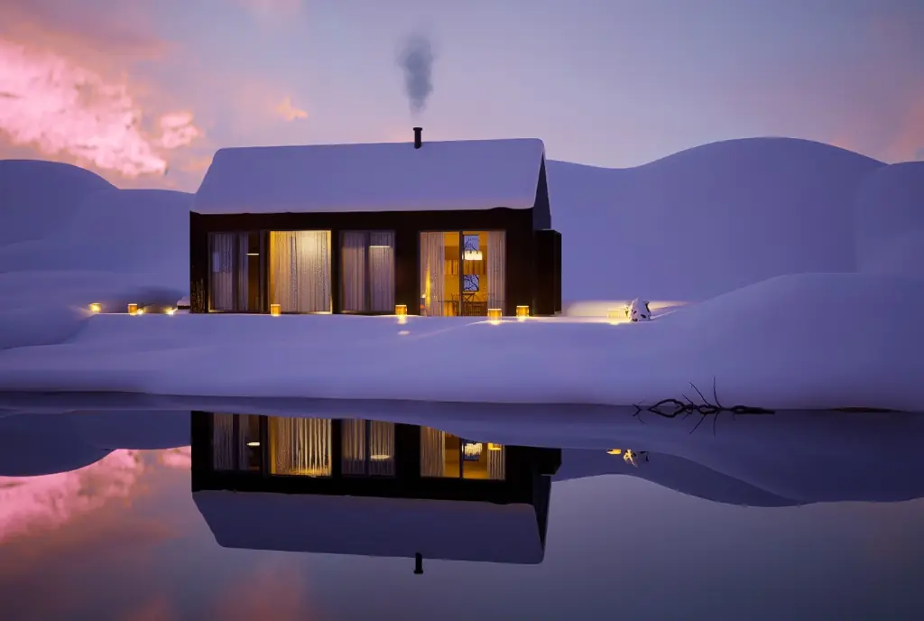 Cabaña de madera moderna en la nieve en D5